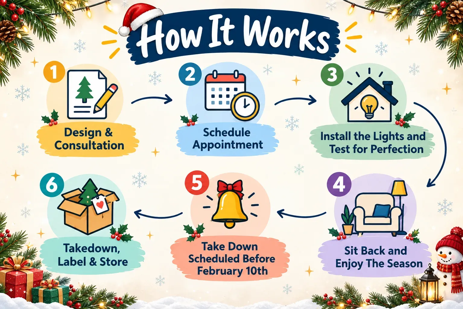 How BRH Holiday Lighting works: 1 design and consultation, 2 schedule appointment, 3 install the lights and test, 4 sit back and enjoy the season, 5 takedown scheduled before February 10th, 6 takedown, label and store