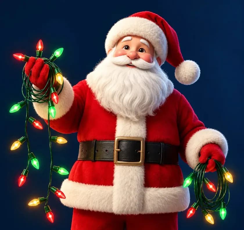 Santa Claus holding strands of C9 Christmas lights